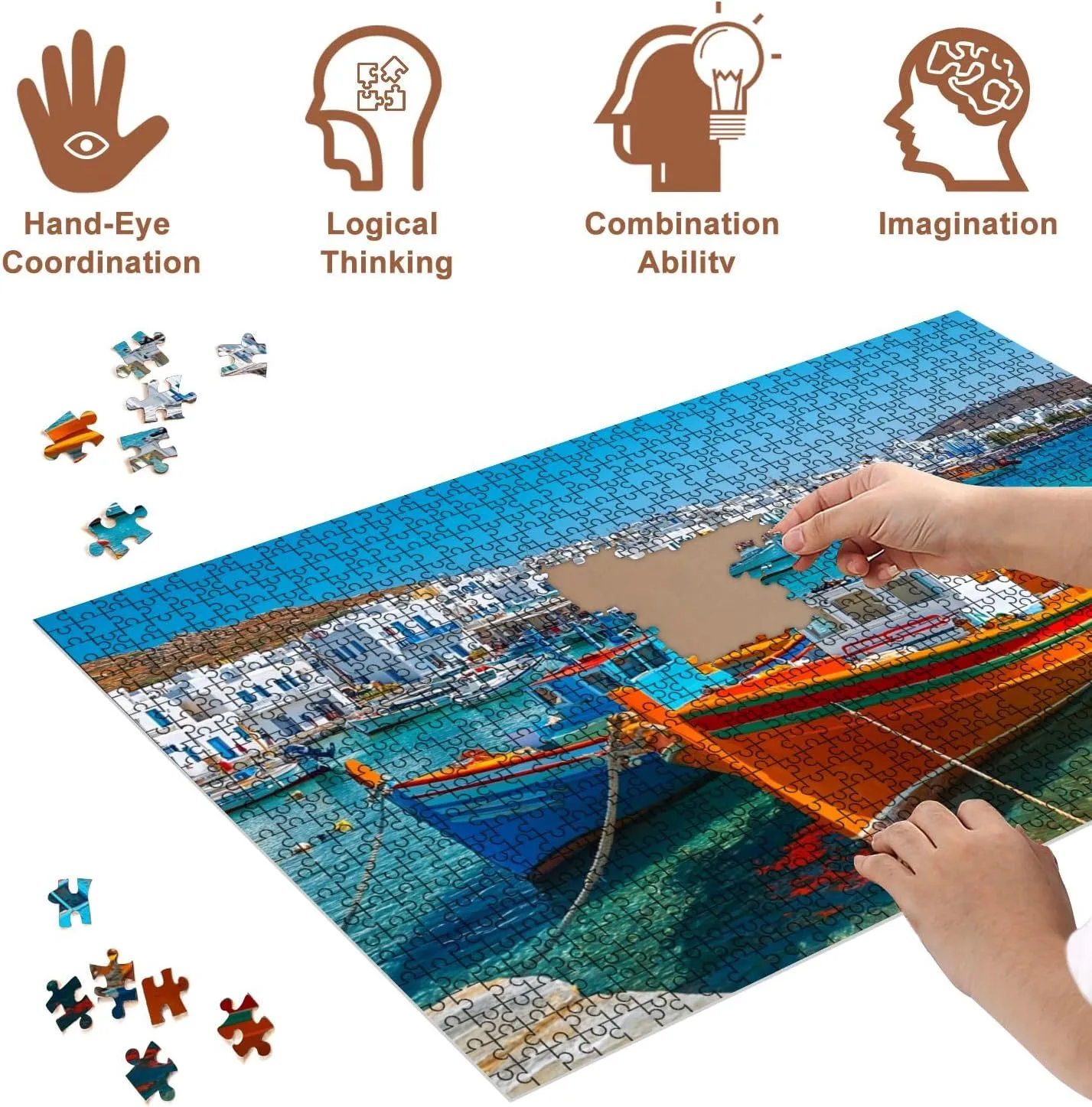 Jigsaw Puzzles 1000 Pieces for Adult Port Old Fishing Boats Puzzle Game for Family Wooden Puzzle Toy Educational Games Puzzles for Home Decor