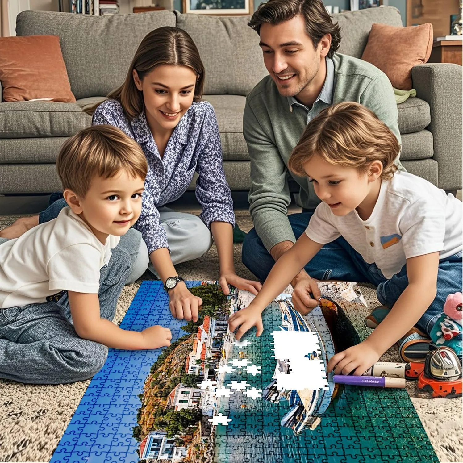 Jigsaw Puzzles 1000 Pieces for Adult Scene Greece Fishing Boats Pictures Puzzle Game for Family Wooden Puzzle Toy Educational Games Puzzles for Home Decor