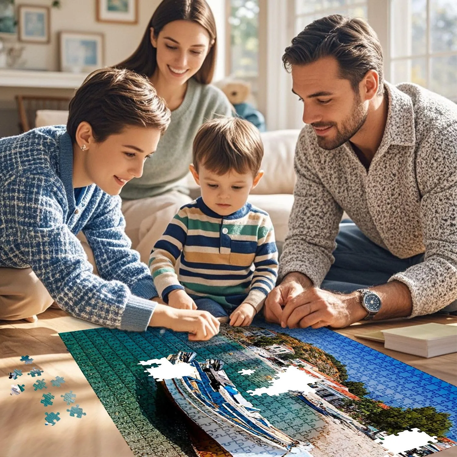 Jigsaw Puzzles 1000 Pieces for Adult Scene Greece Fishing Boats Pictures Puzzle Game for Family Wooden Puzzle Toy Educational Games Puzzles for Home Decor