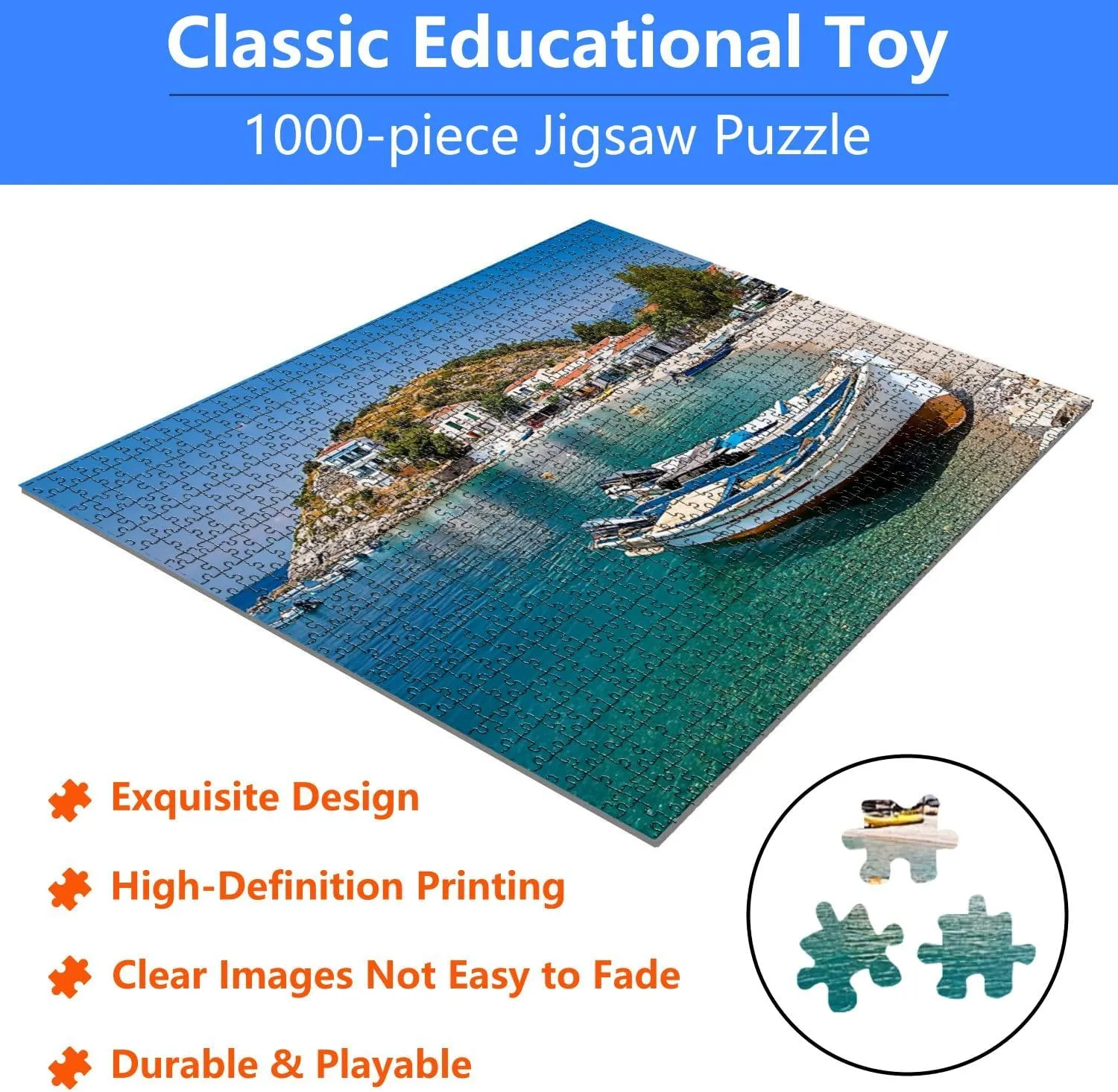 Jigsaw Puzzles 1000 Pieces for Adult Scene Greece Fishing Boats Pictures Puzzle Game for Family Wooden Puzzle Toy Educational Games Puzzles for Home Decor