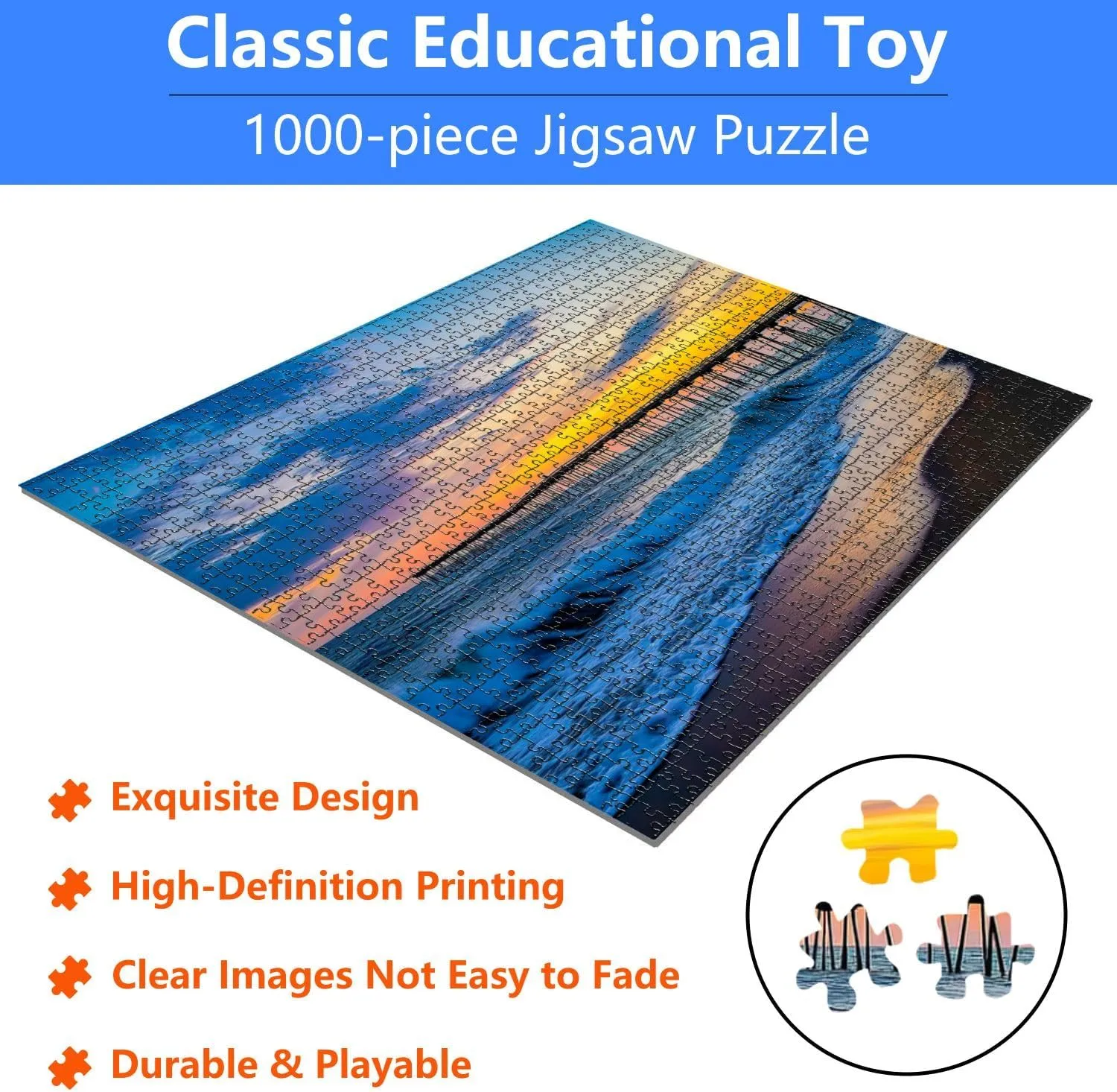Jigsaw Puzzles 1000 Pieces for Adult Sunrise Virginia Beach Fishing pier Puzzle Game for Family Wooden Puzzle Toy Educational Games Puzzles for Home Decor