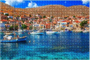Jigsaw Puzzles 1000 Pieces for Adult Traditional Greece Fishing Villages Charming Chalki Halki Island Puzzle Game for Family Wooden Puzzle Toy Educational Games Puzzles for Home Decor