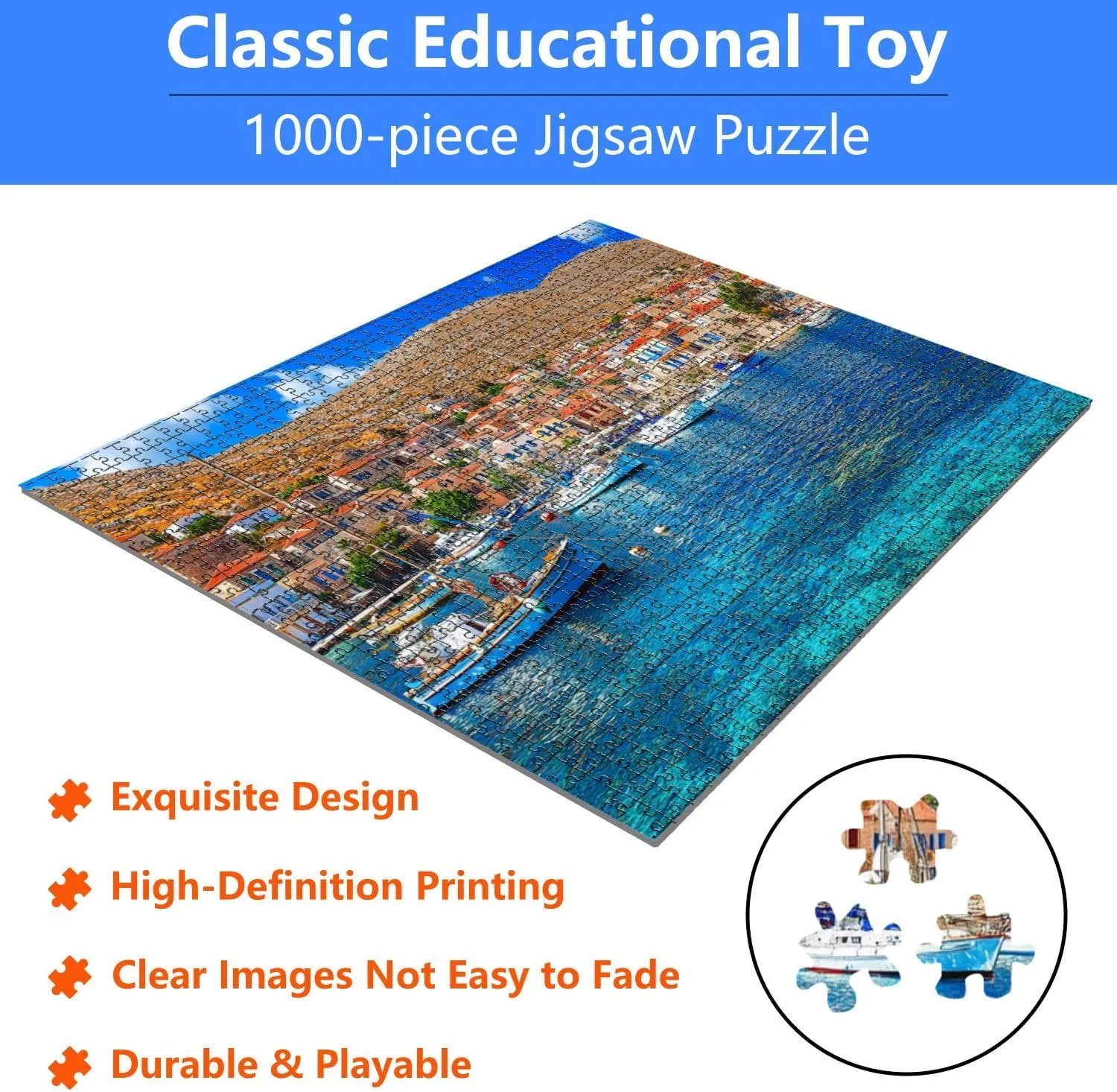 Jigsaw Puzzles 1000 Pieces for Adult Traditional Greece Fishing Villages Charming Chalki Halki Island Puzzle Game for Family Wooden Puzzle Toy Educational Games Puzzles for Home Decor