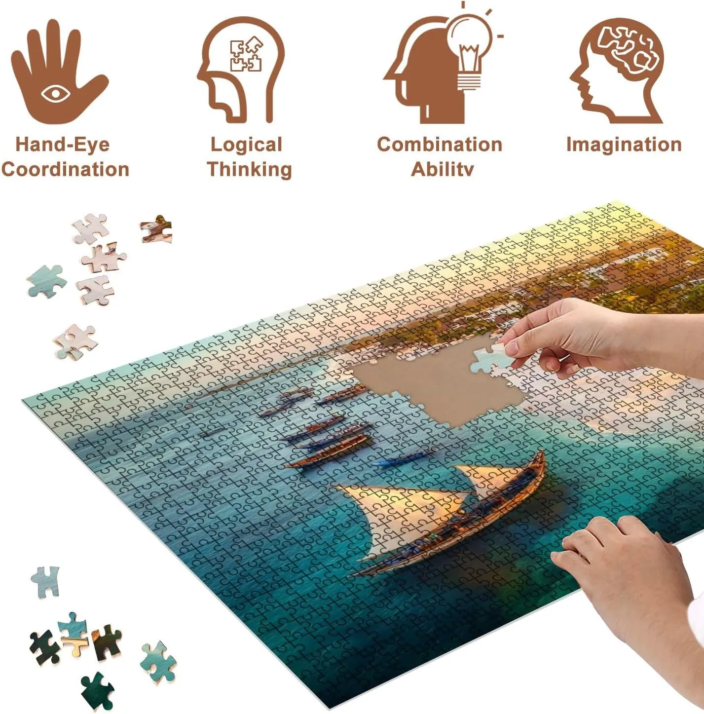 Jigsaw Puzzles 500 Pieces for Adult Aerial View Fishing Boats Tropical sea Coast Sandy Beach Sunset Summer Puzzle Game for Family Wooden Puzzle Toy Educational Games Puzzles for Home Decor