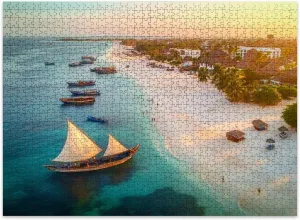 Jigsaw Puzzles 500 Pieces for Adult Aerial View Fishing Boats Tropical sea Coast Sandy Beach Sunset Summer Puzzle Game for Family Wooden Puzzle Toy Educational Games Puzzles for Home Decor