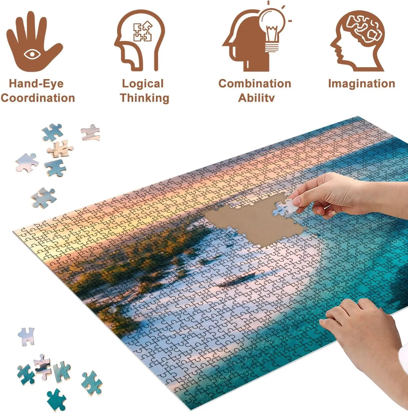 Jigsaw Puzzles 500 Pieces for Adult Aerial View Fishing Boats Tropical sea Coast Sandy Beach Sunset Summer Puzzle Game for Family Wooden Puzzle Toy Educational Games Puzzles for Home Decor