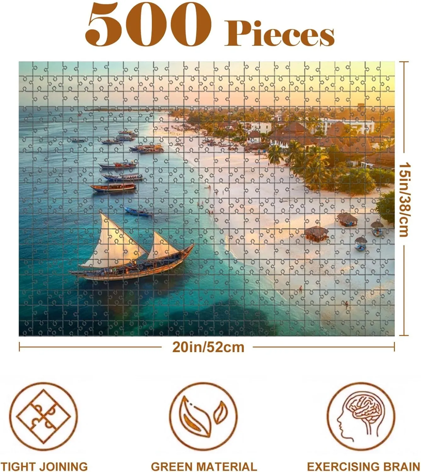 Jigsaw Puzzles 500 Pieces for Adult Aerial View Fishing Boats Tropical sea Coast Sandy Beach Sunset Summer Puzzle Game for Family Wooden Puzzle Toy Educational Games Puzzles for Home Decor