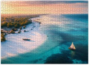 Jigsaw Puzzles 500 Pieces for Adult Aerial View Fishing Boats Tropical sea Coast Sandy Beach Sunset Summer Puzzle Game for Family Wooden Puzzle Toy Educational Games Puzzles for Home Decor