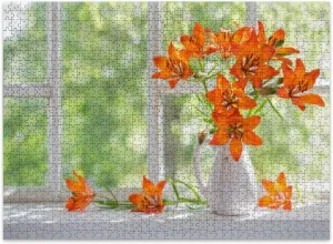 Jigsaw Puzzles 500 Pieces for Adult Orange Lily windowsill Puzzle Game for Family Wooden Puzzle Toy Educational Games Puzzles for Home Decor
