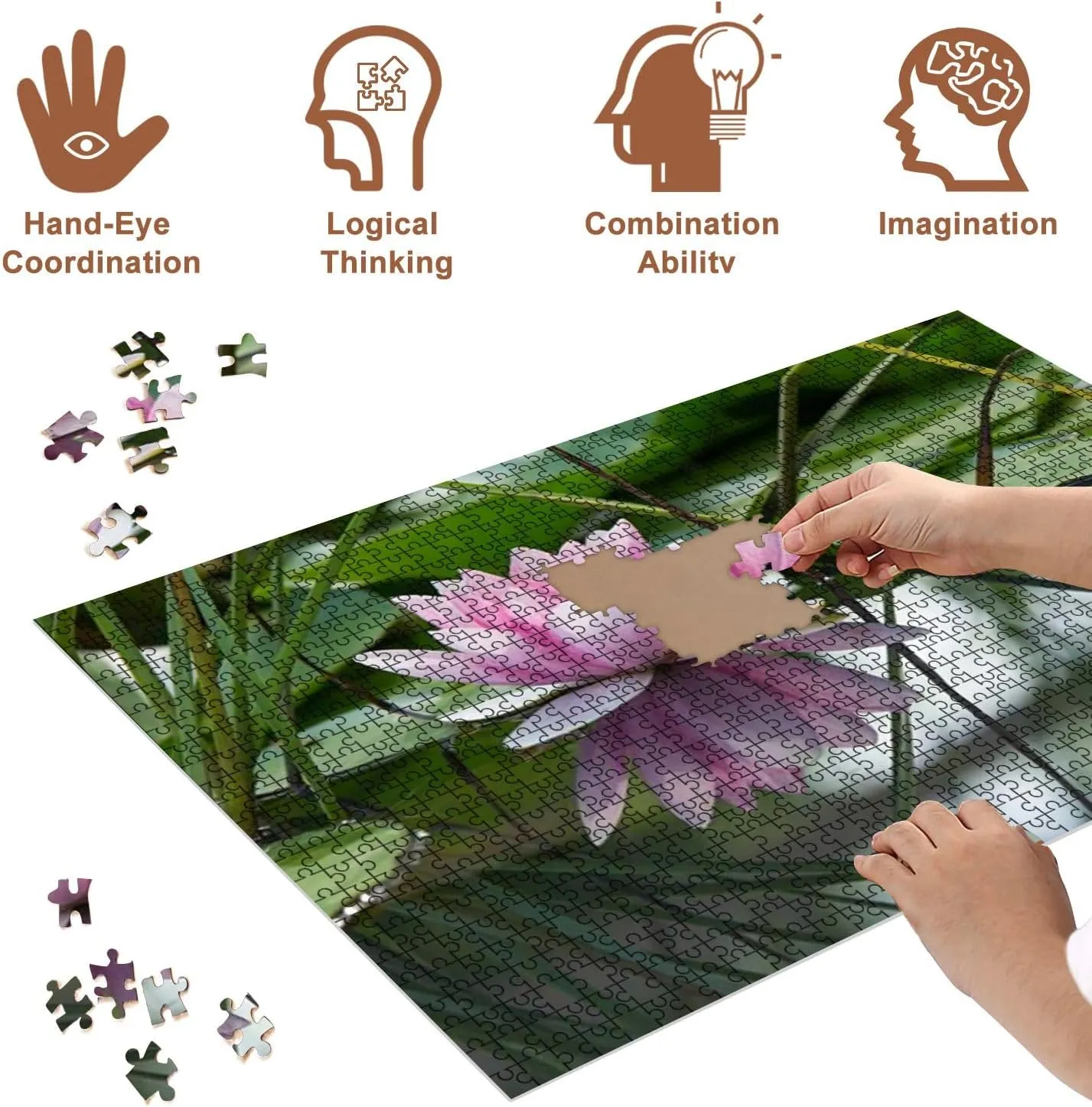 Jigsaw Puzzles 500 Pieces for Adult Pink Lotus Flower Pond Puzzle Game for Family Wooden Puzzle Toy Educational Games Puzzles for Home Decor