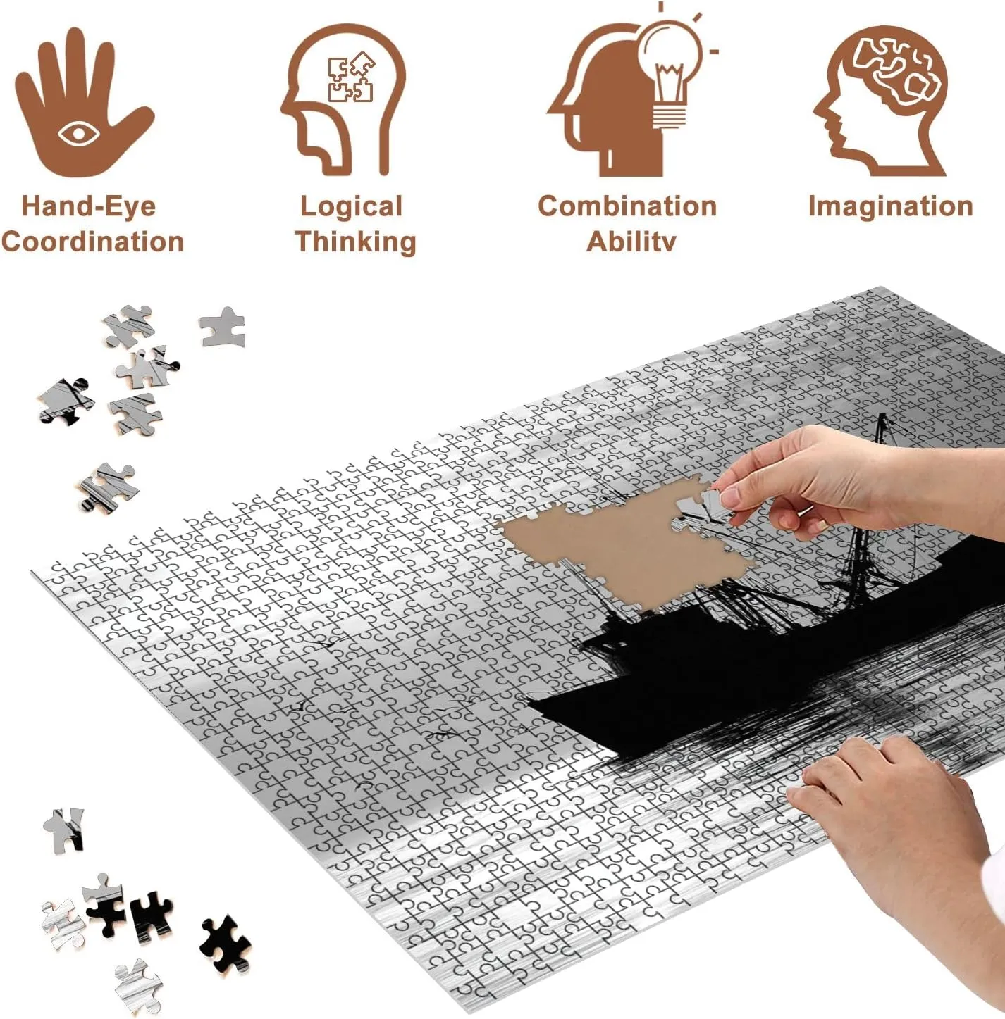Jigsaw Puzzles 500 Pieces for Adult Silhouette Shrimp Fishing Boats seas Pictures Puzzle Game for Family Wooden Puzzle Toy Educational Games Puzzles for Home Decor