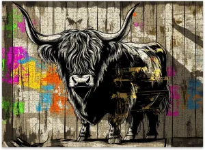 Jigsaw Puzzles 500 Pieces for Adult Street Art Inspired Highland Cow Decaying Wood Puzzle Game for Family Wooden Puzzle Toy Educational Games Puzzles for Home Decor
