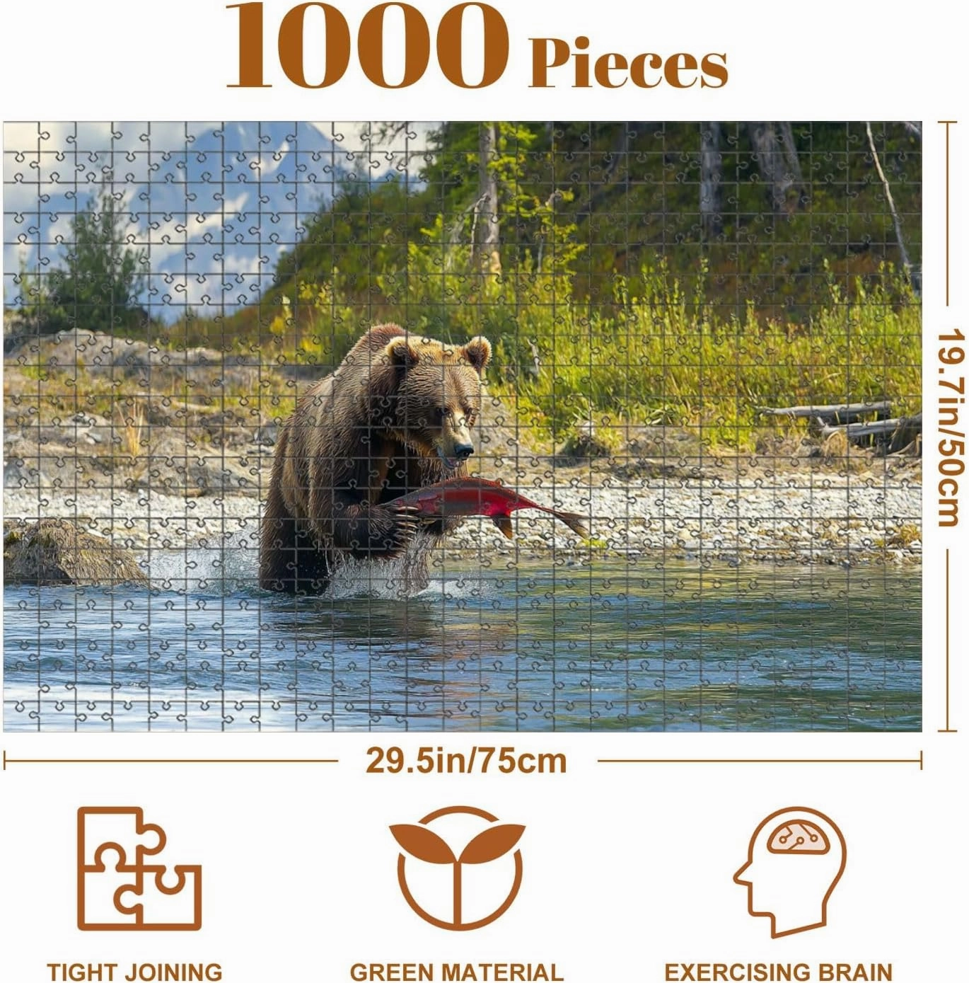 Jigsaw Puzzles 1000 Pieces for Adult Bear Fishing Salmons Peninsula Puzzle Game for Family Wooden Puzzle Toy Educational Games Puzzles for Home Decor