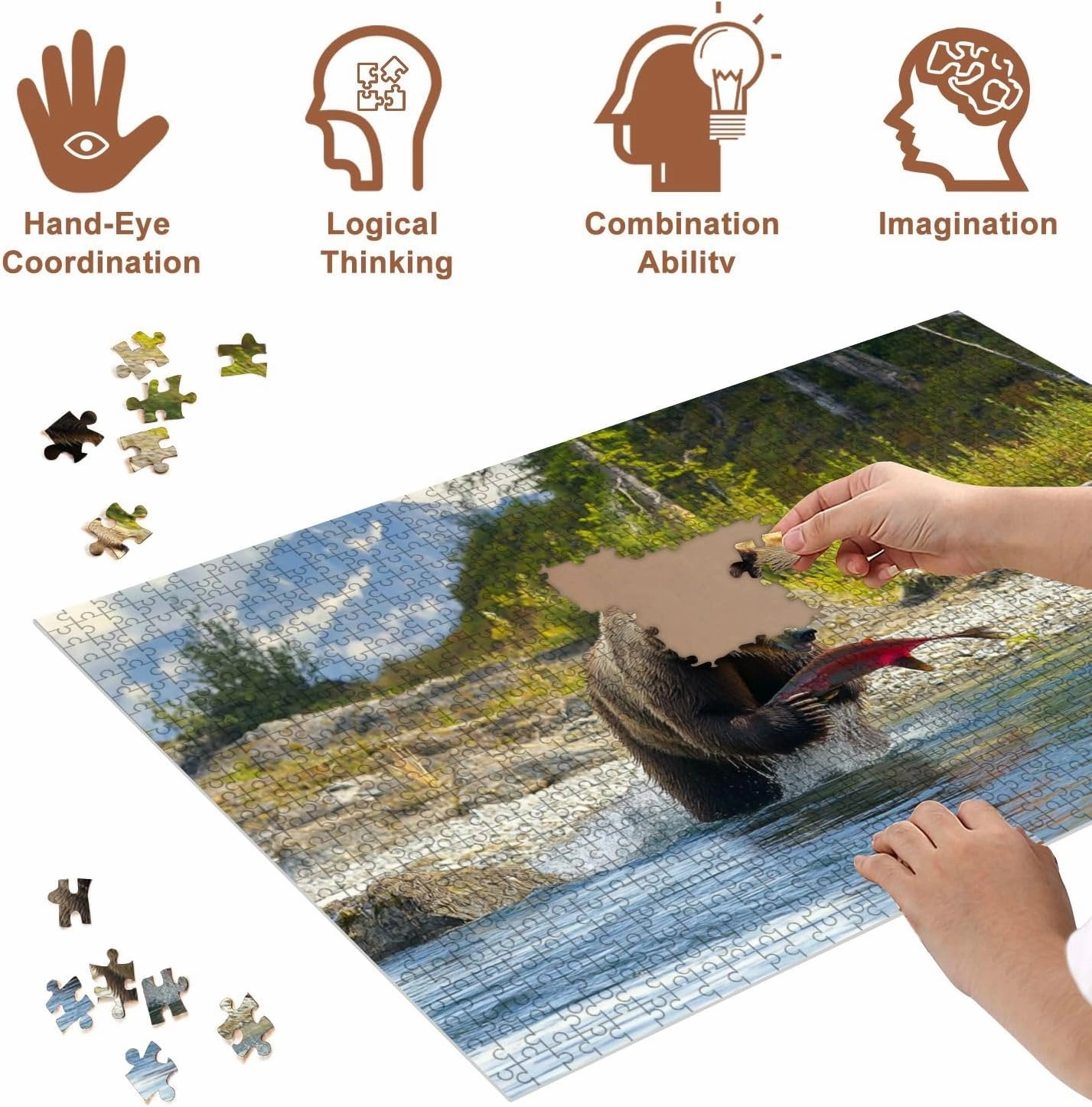 Jigsaw Puzzles 1000 Pieces for Adult Bear Fishing Salmons Peninsula Puzzle Game for Family Wooden Puzzle Toy Educational Games Puzzles for Home Decor