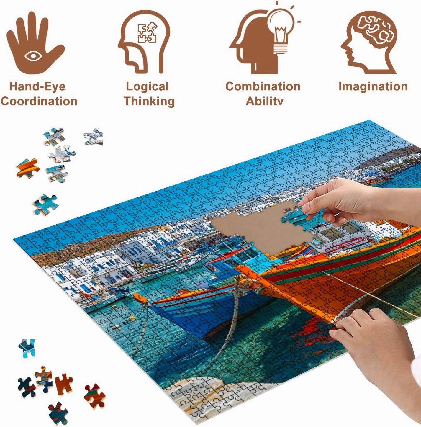 Jigsaw Puzzles 1000 Pieces for Adult Port Old Fishing Boats Puzzle Game for Family Wooden Puzzle Toy Educational Games Puzzles for Home Decor