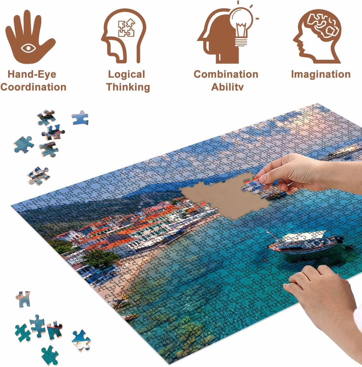 Jigsaw Puzzles 1000 Pieces for Adult View Kokkari Fishing Village Beautiful Beach Samos Island Greece Puzzle Game for Family Wooden Puzzle Toy Educational Games Puzzles for Home Decor