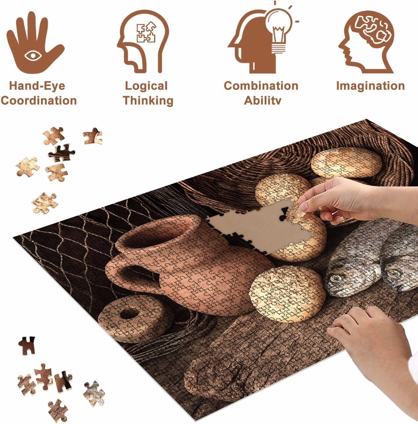 Jigsaw Puzzles 1000 Pieces for Adult Wine jug Bread Fish Puzzle Game for Family Wooden Puzzle Toy Educational Games Puzzles for Home Decor