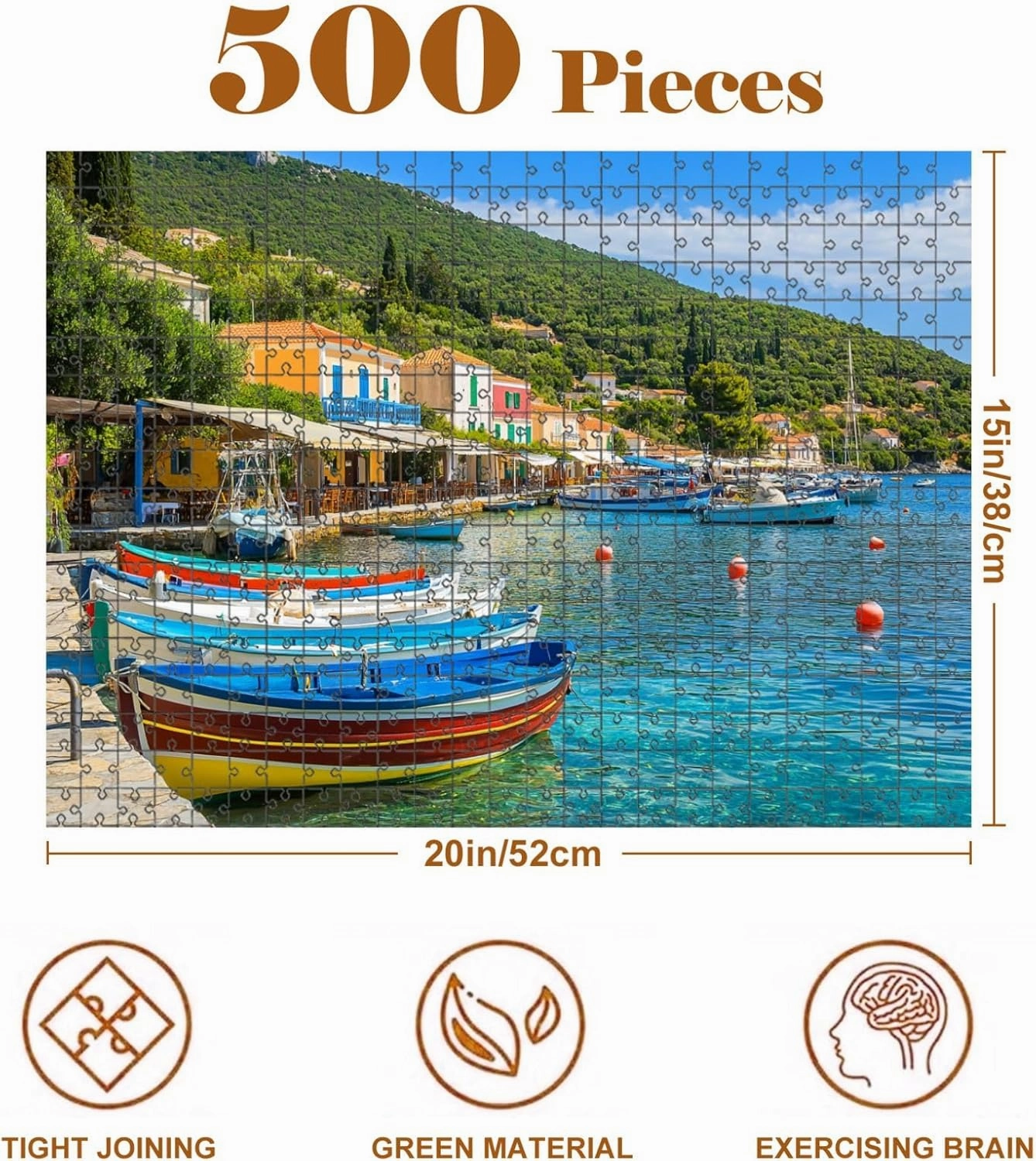 Jigsaw Puzzles 500 Pieces for Adult Colourful Greek Fishing Boats Port Kioni Ithaca Island Greece Puzzle Game for Family Wooden Puzzle Toy Educational Games Puzzles for Home Decor