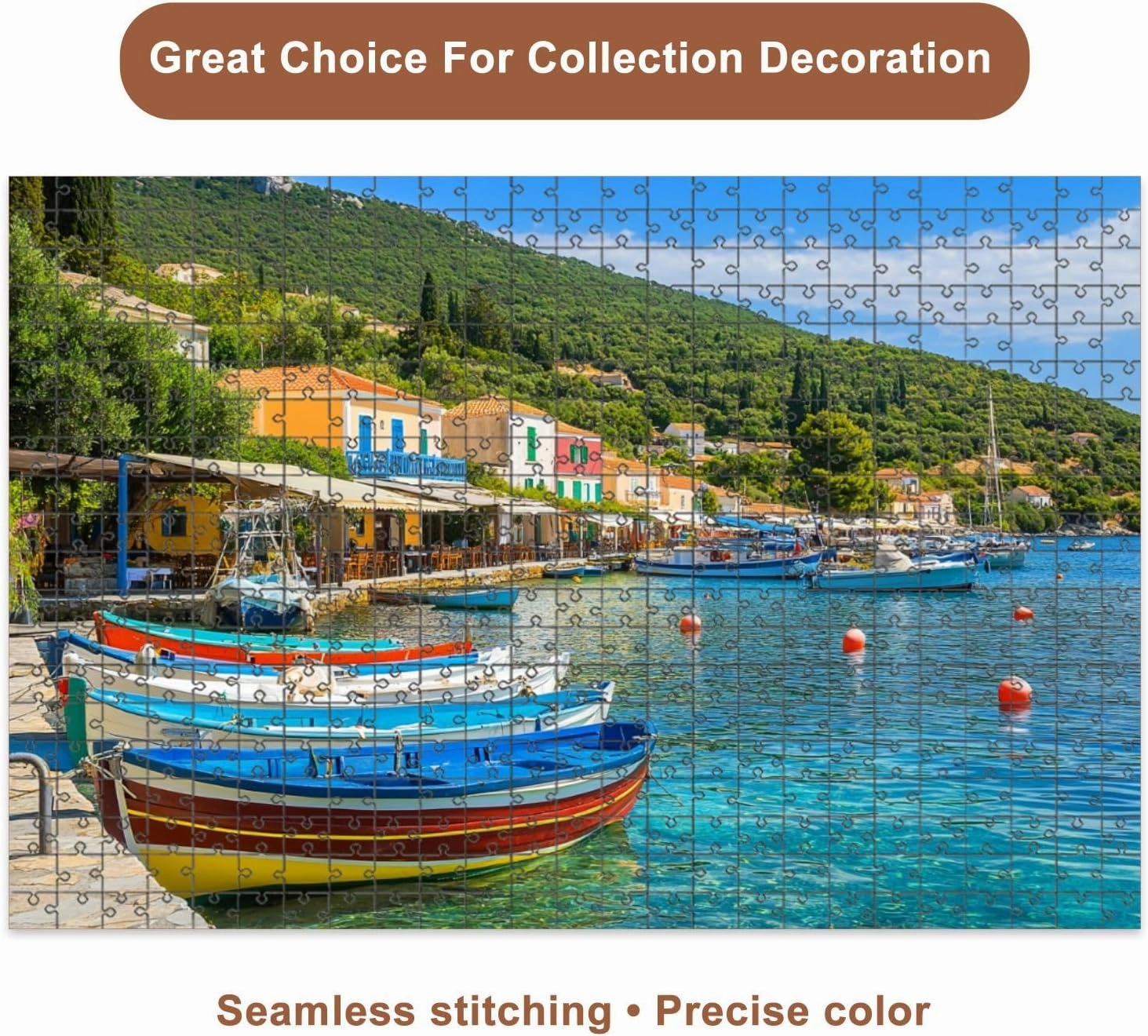 Jigsaw Puzzles 500 Pieces for Adult Colourful Greek Fishing Boats Port Kioni Ithaca Island Greece Puzzle Game for Family Wooden Puzzle Toy Educational Games Puzzles for Home Decor