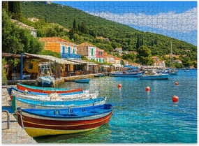 Jigsaw Puzzles 500 Pieces for Adult Colourful Greek Fishing Boats Port Kioni Ithaca Island Greece Puzzle Game for Family Wooden Puzzle Toy Educational Games Puzzles for Home Decor