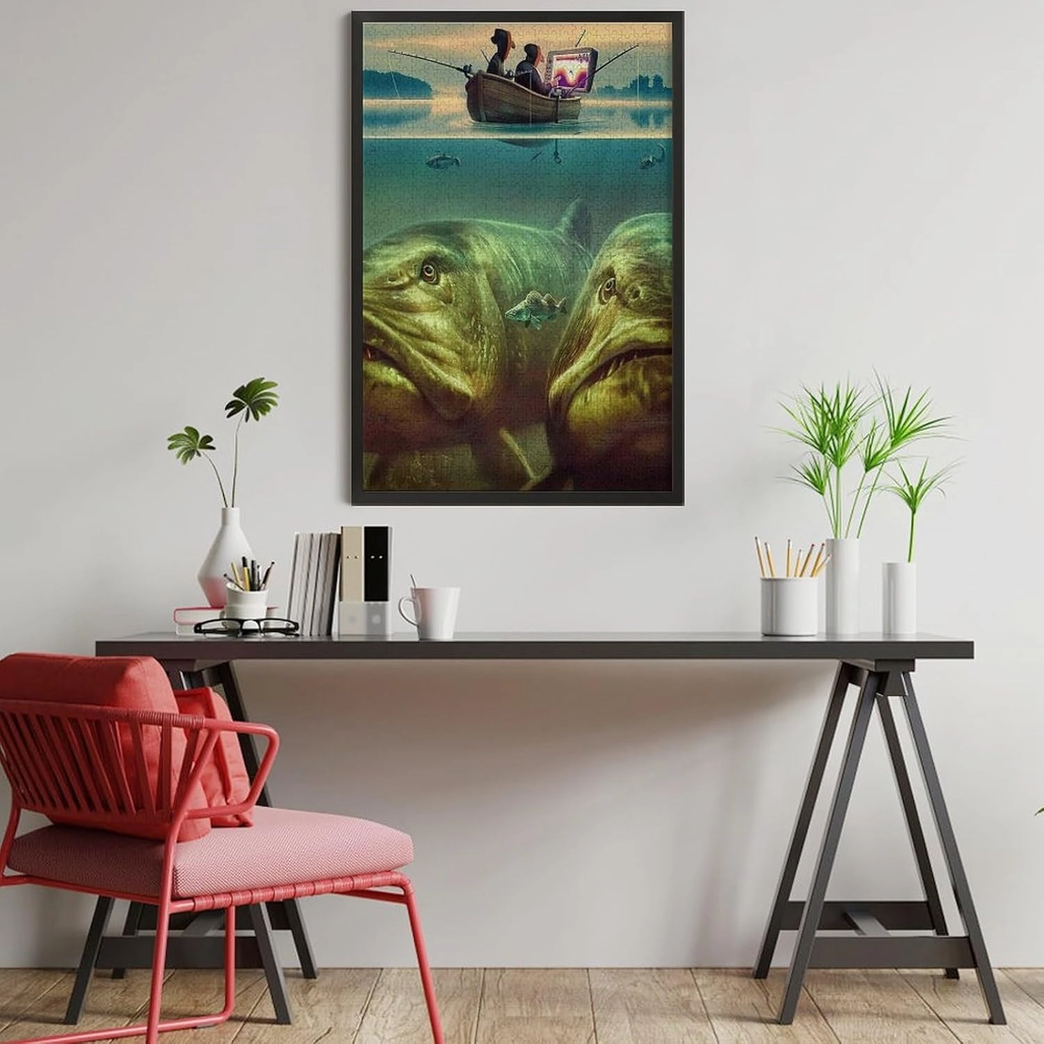 Jigsaw Puzzles 500 Pieces for Adults Fishing Enthusiasts On Board Fishing Big Head Fish Creative Gifts are Perfect for Home Entertainment and Game Collections Gift for Women Men 20.5x15 Inch