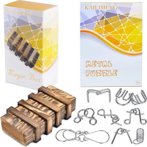 KAILIMENG Puzzle Box and Metal Puzzle Bundle - Secret Magic Puzzle Box with 2 Hidden Compartments Drawers, Set of 8 Brain Teaser Metal Wire Puzzle for Adults