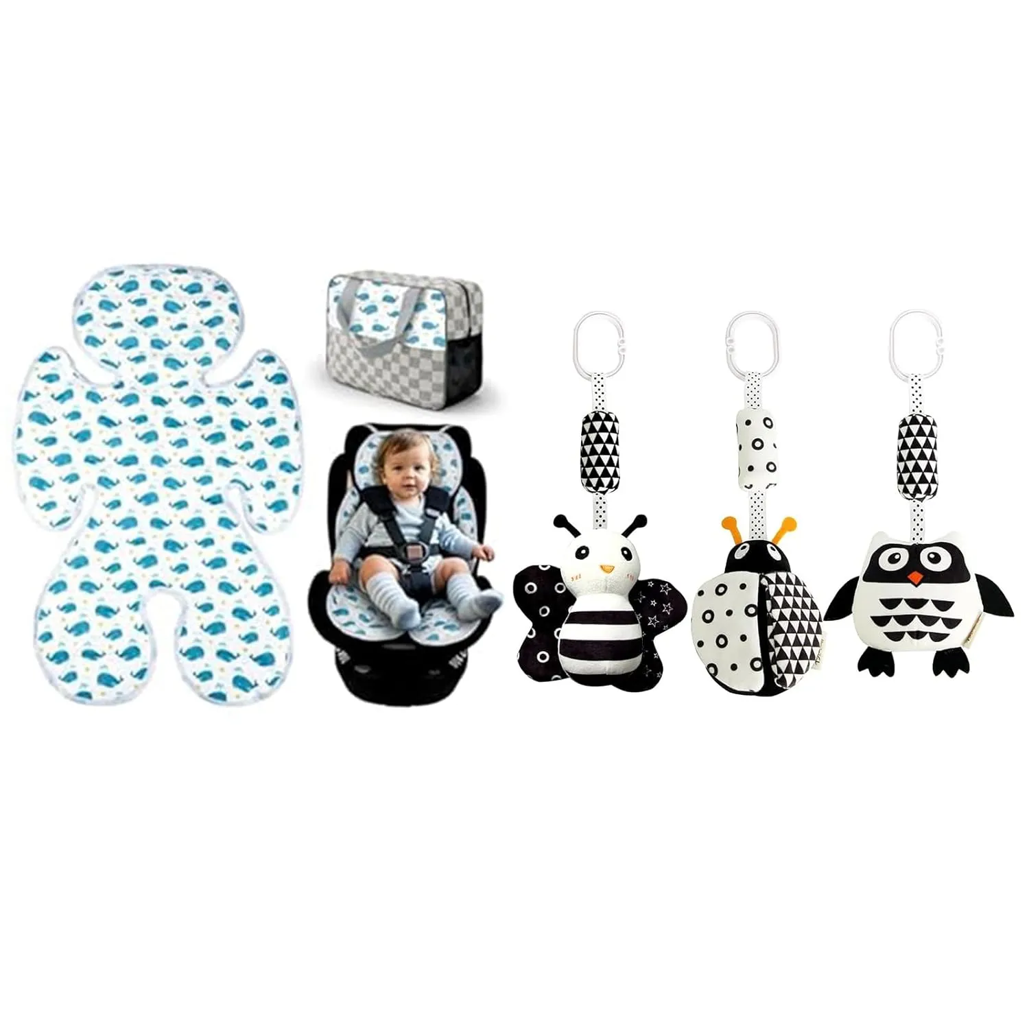 KAKIBLIN Baby Hanging Toy,3 Pack Black and White Baby Toys for 3 6 9 12 Months, Baby Car Seat Cooling Pad,Universal Double Sided Ice Car Seat Cooler Pad for Baby