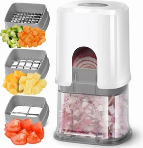 KEOUKE Vegetable Chopper 3 Interchangeable Blades Onion Chopper Multi-functional Potato French Fry Cutter Manual Vegetable Cutter Dicer for Cucumber, Tomato, Carrot with Container & Storage Box, White