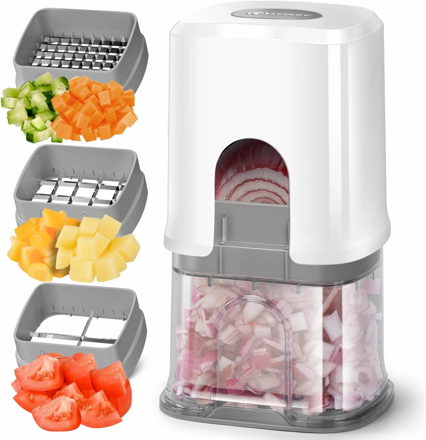 KEOUKE Vegetable Chopper 3 Interchangeable Blades Onion Chopper Multi-functional Potato French Fry Cutter Manual Vegetable Cutter Dicer for Cucumber, Tomato, Carrot with Container & Storage Box, White
