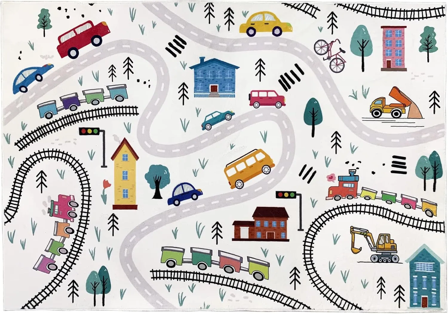 Kids Carpet Play Mat 4x6Ft Cute Car Rug for Boys Girls Town Throw Rug for Playroom Road Map Educational Area Rug for Kids Bedroom Classroom, Indoor Outdoor Decor, White
