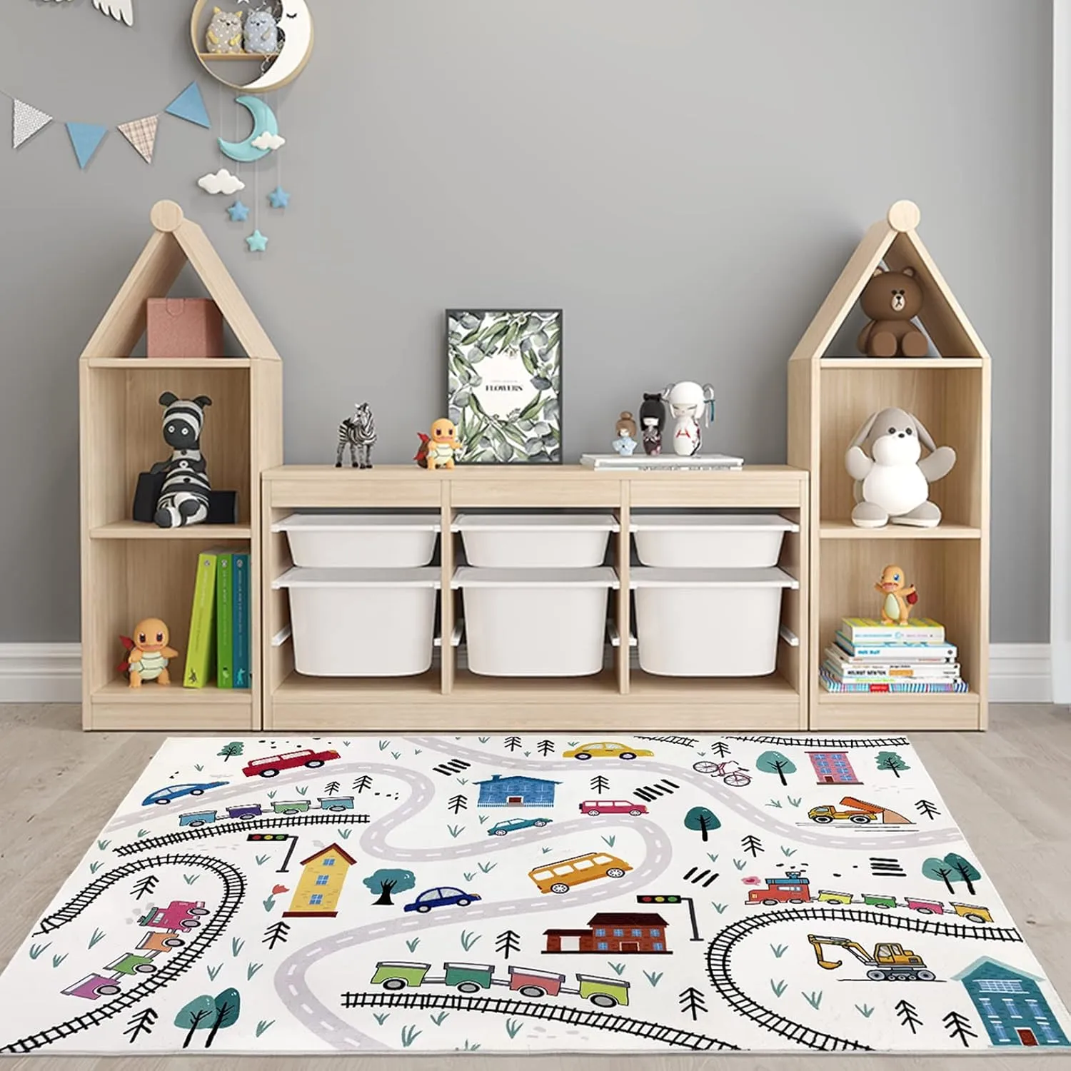 Kids Carpet Play Mat 4x6Ft Cute Car Rug for Boys Girls Town Throw Rug for Playroom Road Map Educational Area Rug for Kids Bedroom Classroom, Indoor Outdoor Decor, White