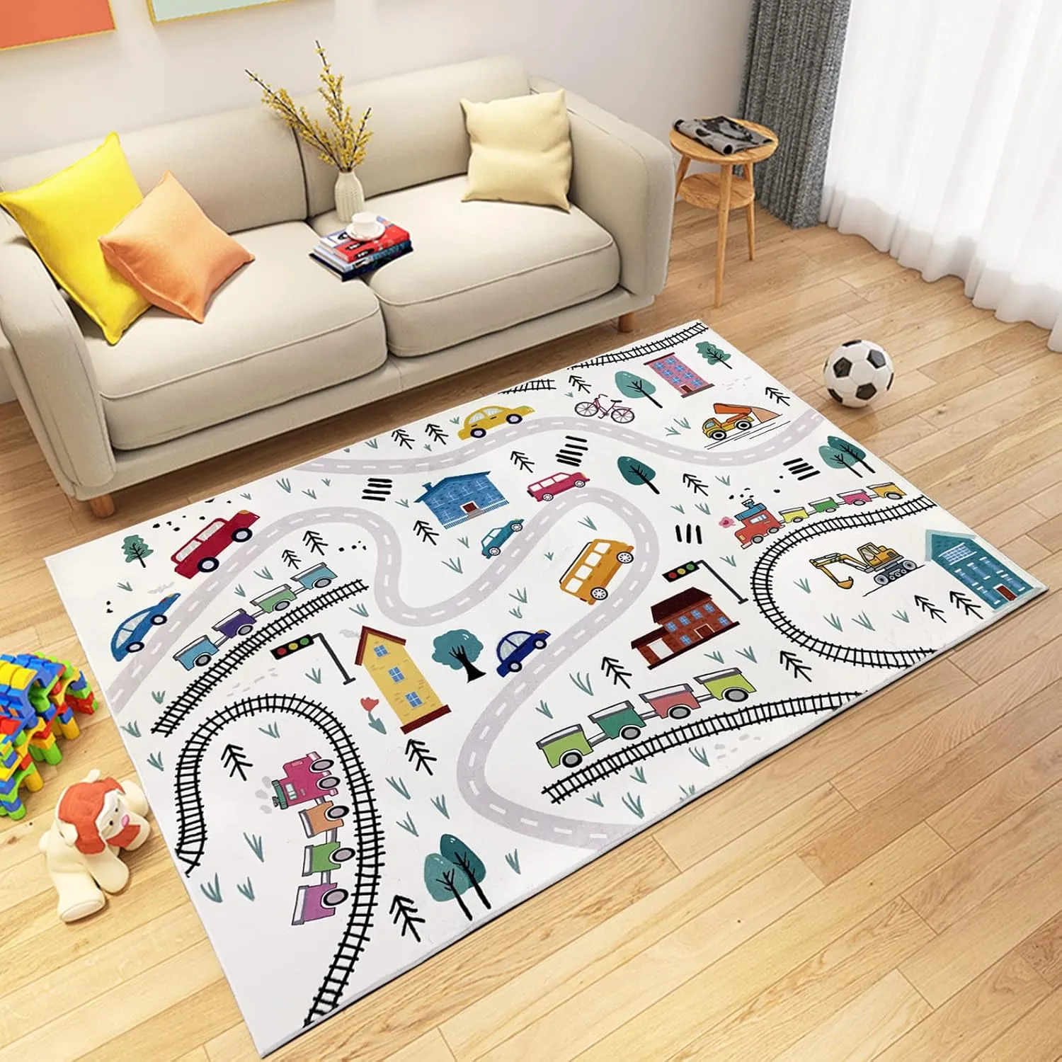 Kids Carpet Play Mat 4x6Ft Cute Car Rug for Boys Girls Town Throw Rug for Playroom Road Map Educational Area Rug for Kids Bedroom Classroom, Indoor Outdoor Decor, White