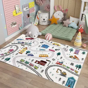Kids Carpet Play Mat 4x6Ft Cute Car Rug for Boys Girls Town Throw Rug for Playroom Road Map Educational Area Rug for Kids Bedroom Classroom, Indoor Outdoor Decor, White
