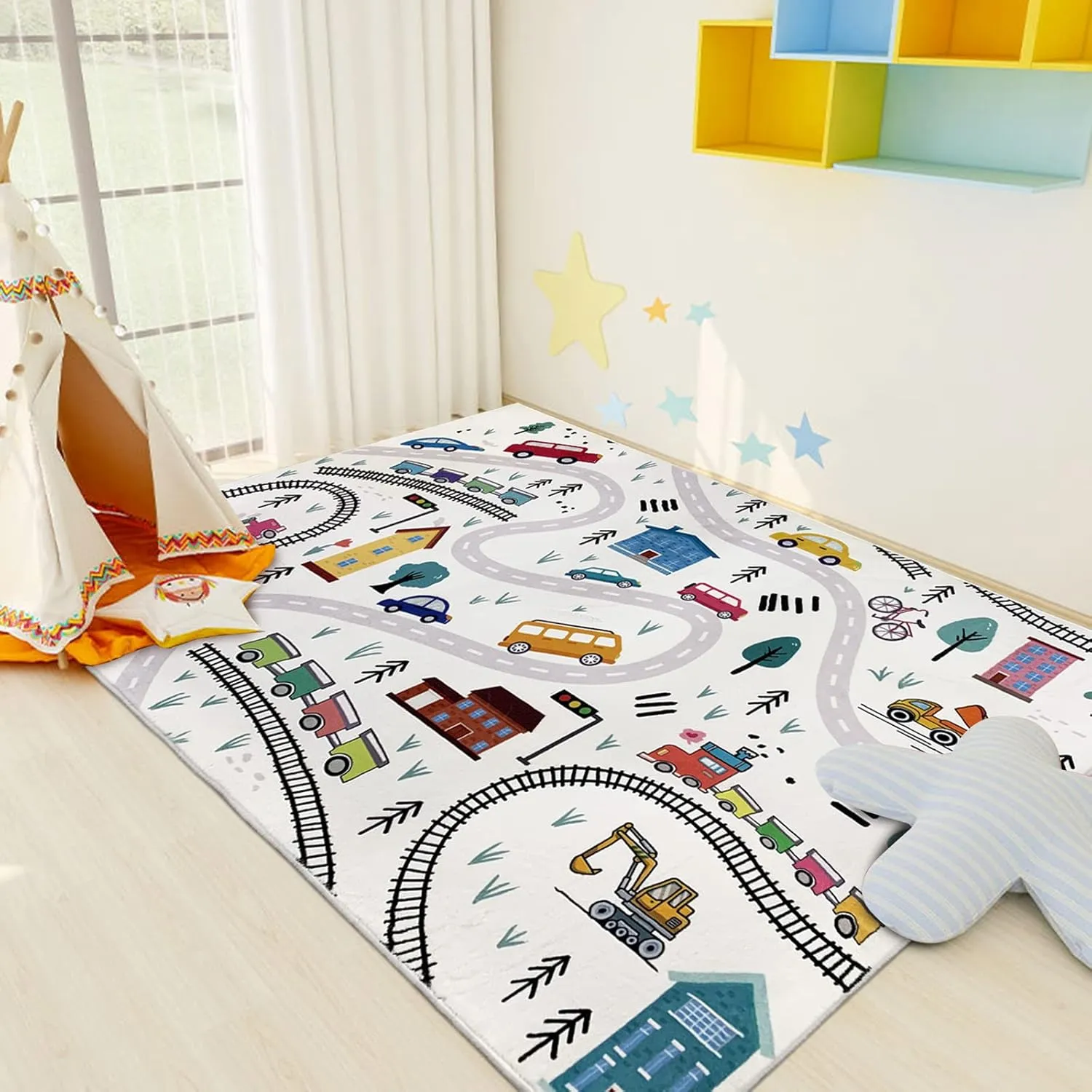 Kids Carpet Play Mat 4x6Ft Cute Car Rug for Boys Girls Town Throw Rug for Playroom Road Map Educational Area Rug for Kids Bedroom Classroom, Indoor Outdoor Decor, White