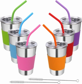 Kids Tumbler with Lids and Straws, 16oz Stainless Steel Cups with Colorful Sleeves, Unbreakable Smoothie Drinking Water Mug, Apply for Adults & Children
