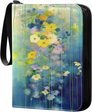 Kigai Trading Card Binder with 50 Sleeves, 400 Pockets PU Zipper Card Collection Binder 4-Pocket Portable Card Folder for Sports Cards, Game Cards (Art Flower Painting)