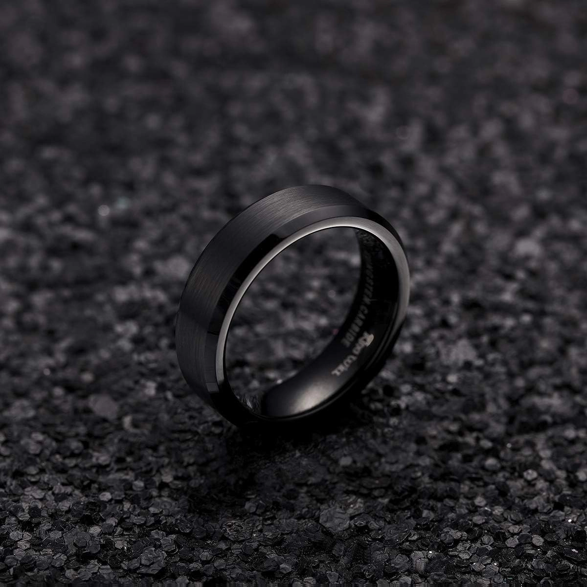 King Will Tungsten Men's Wedding Ring - Available in 6mm to 10mm, Black/Silver, Matte Finish, Beveled Polished Edge, Comfort Fit