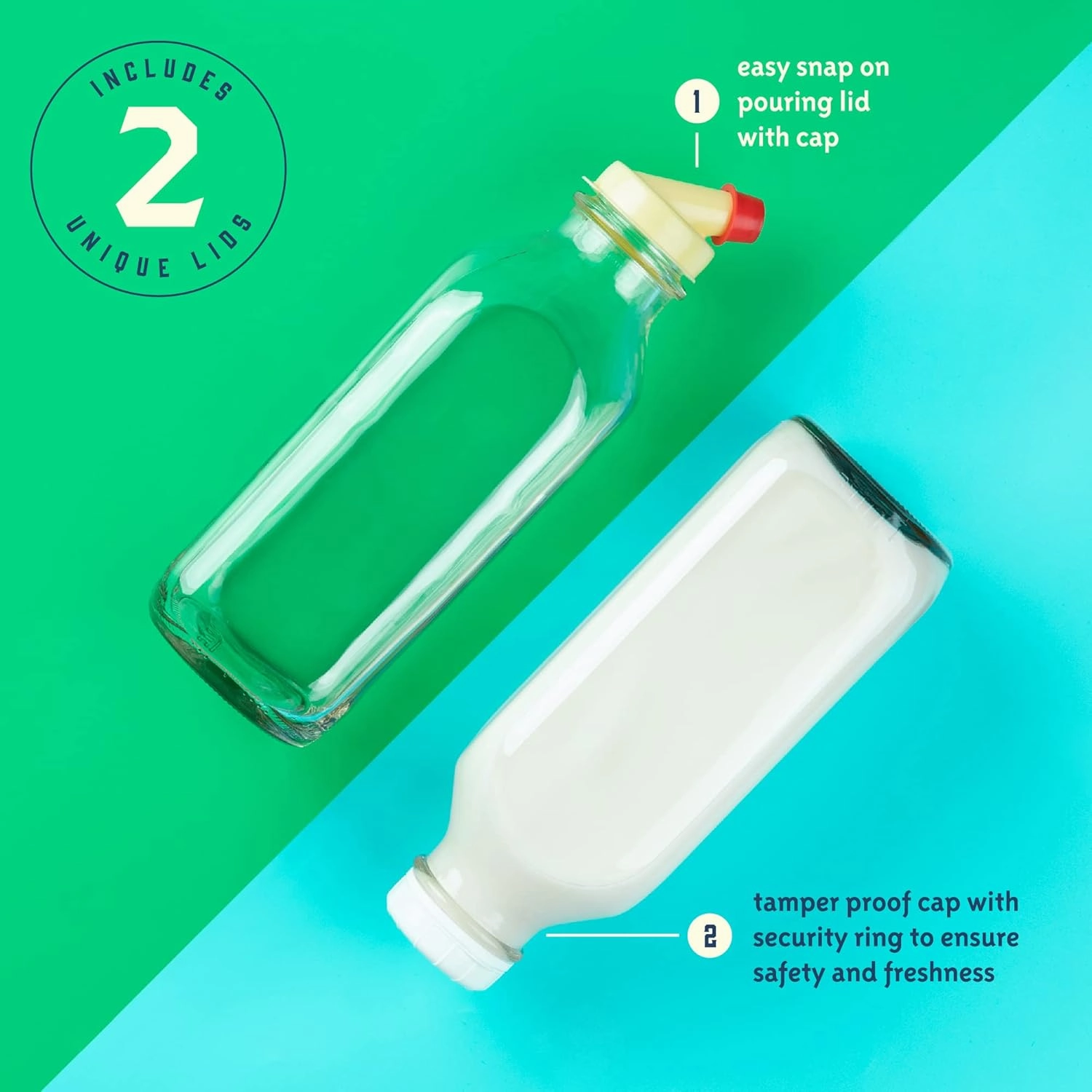 kitchentoolz 32 Oz Square Glass Milk Bottles with Lids, Perfect Glass Milk Container for Refrigerator - 1 Liter Jugs with Tamper Proof Lid and Pour Spout - Pack of 2