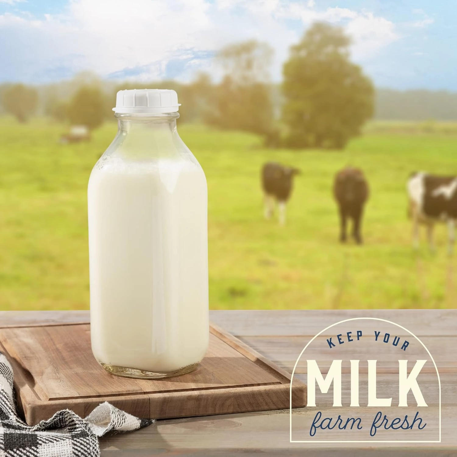 kitchentoolz 32 Oz Square Glass Milk Bottles with Lids, Perfect Glass Milk Container for Refrigerator - 1 Liter Jugs with Tamper Proof Lid and Pour Spout - Pack of 2