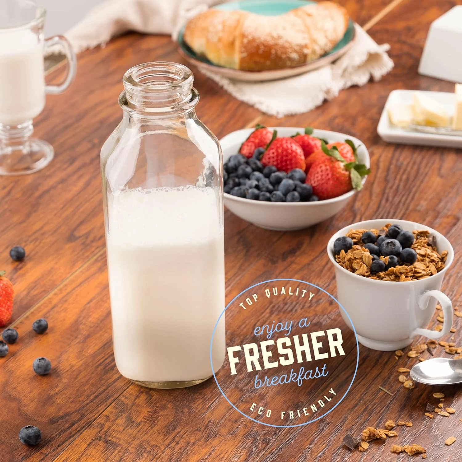 kitchentoolz 32 Oz Square Glass Milk Bottles with Lids, Perfect Glass Milk Container for Refrigerator - 1 Liter Jugs with Tamper Proof Lid and Pour Spout - Pack of 2