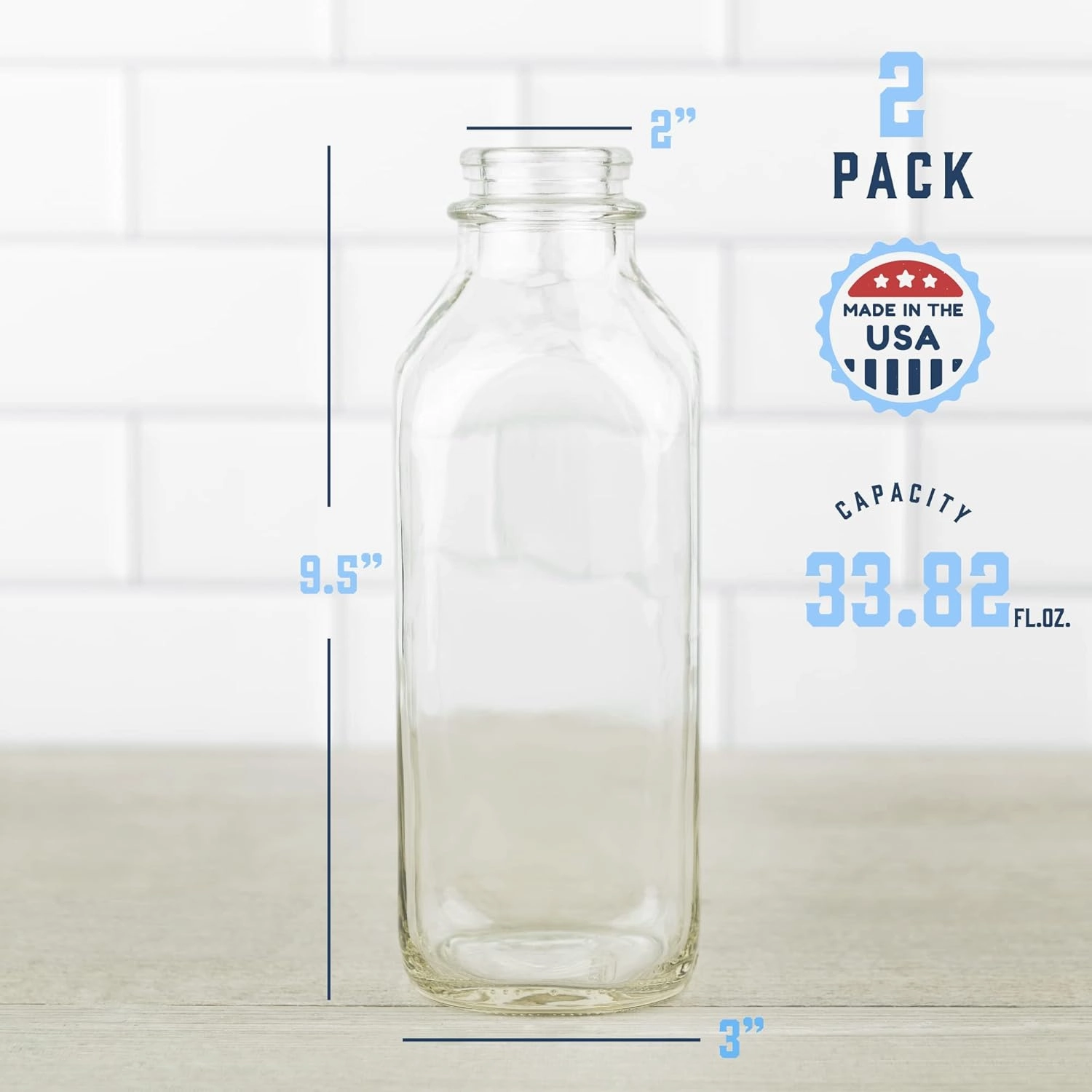kitchentoolz 32 Oz Square Glass Milk Bottles with Lids, Perfect Glass Milk Container for Refrigerator - 1 Liter Jugs with Tamper Proof Lid and Pour Spout - Pack of 2