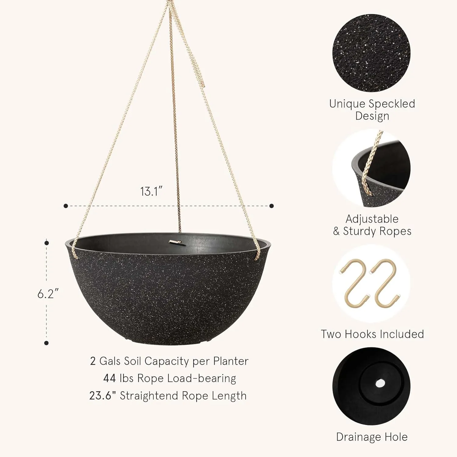 LA JOLIE MUSE Large Hanging Planters for Outdoor Plants - 13 Inch Hanging Basket for Patio Set of 2, Speckled Black