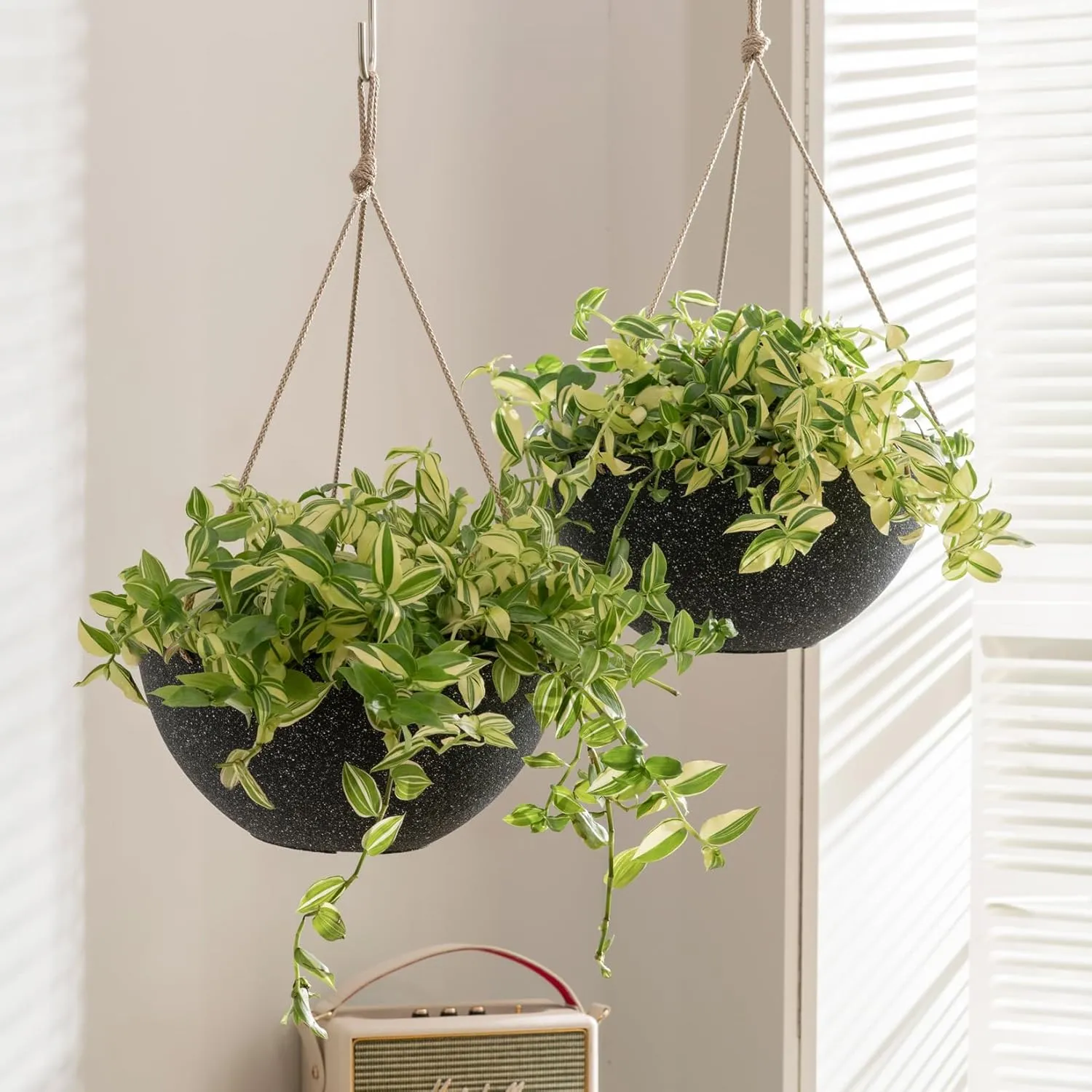 LA JOLIE MUSE Large Hanging Planters for Outdoor Plants - 13 Inch Hanging Basket for Patio Set of 2, Speckled Black