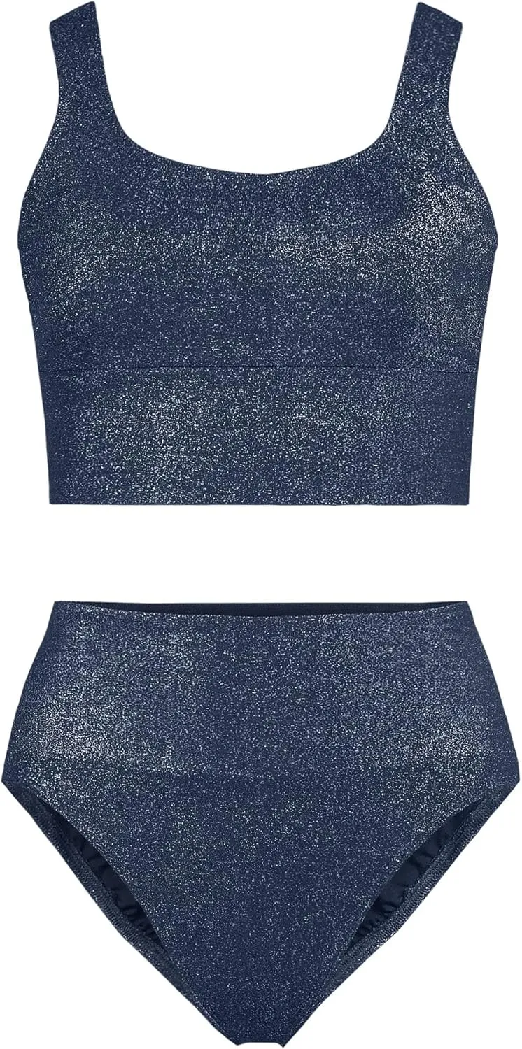 Lands' End Women's Tugless Tankini Top and High Waisted Bottom Swimsuit Set