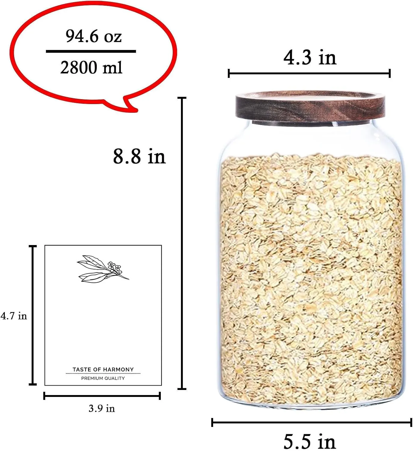 Large Glass Jar with Airtight Lid 84 FL OZ Glass Canister Set Wooden Lids Glass Food Storage Containers for Kitchen Counter Flour Tea Coffee Beans Sugar Cookies Overnight Oats (2pcs 2.5L)