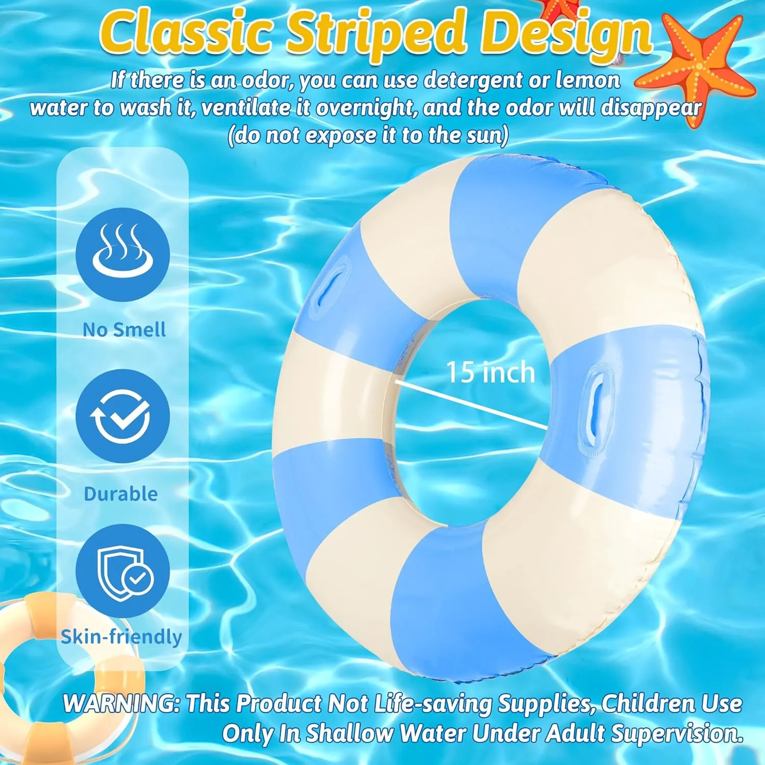 Large Swim Ring Pool Floats Adult 35 Inch Blue White Striped Inflatable Tube with Handles, Ring Floaties Leakproof Pool Floats for Summer Pool Party Beach Ocean Wedding Party Decor