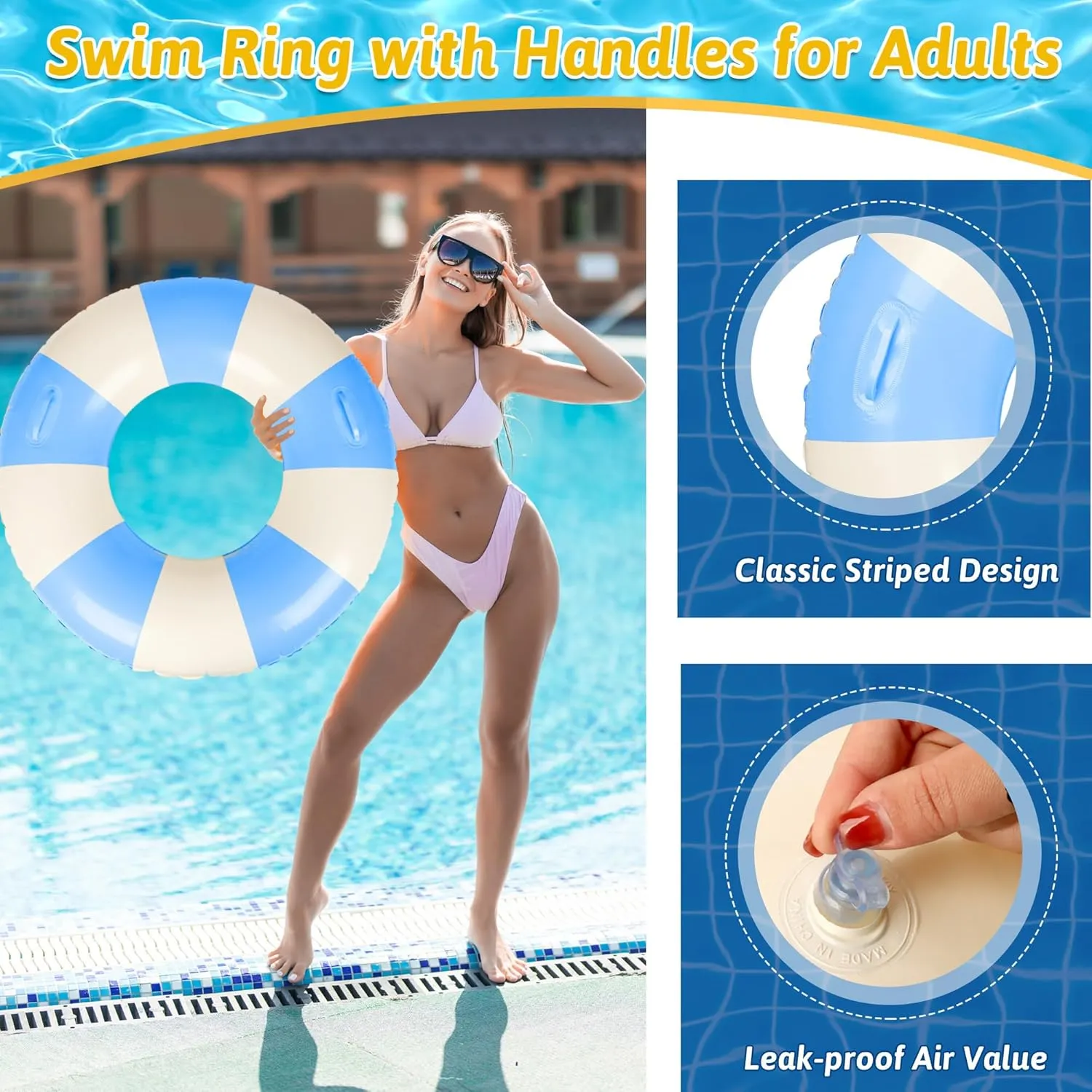 Large Swim Ring Pool Floats Adult 35 Inch Blue White Striped Inflatable Tube with Handles, Ring Floaties Leakproof Pool Floats for Summer Pool Party Beach Ocean Wedding Party Decor