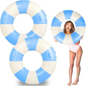 Large Swim Ring Pool Floats Adult 35 Inch Blue White Striped Inflatable Tube with Handles, Ring Floaties Leakproof Pool Floats for Summer Pool Party Beach Ocean Wedding Party Decor