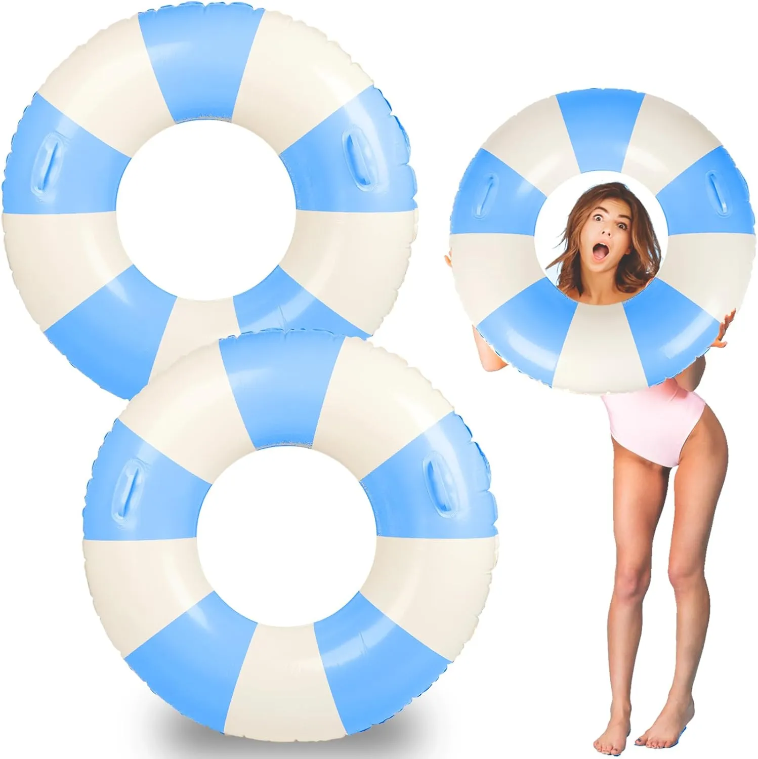 Large Swim Ring Pool Floats Adult 35 Inch Blue White Striped Inflatable Tube with Handles, Ring Floaties Leakproof Pool Floats for Summer Pool Party Beach Ocean Wedding Party Decor