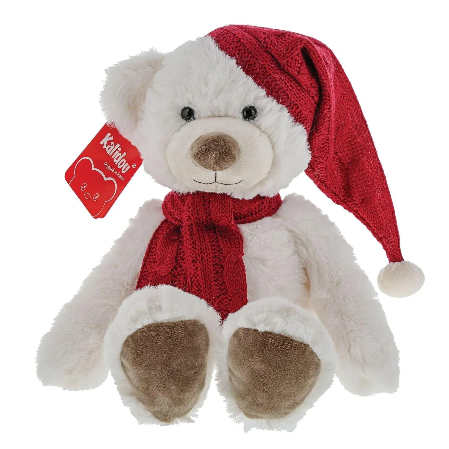 Large White Teddy Bear with Red Hat and Scarf